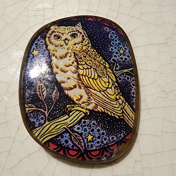 Handmade decoupage owl resin brooch - Picture 2 of 6